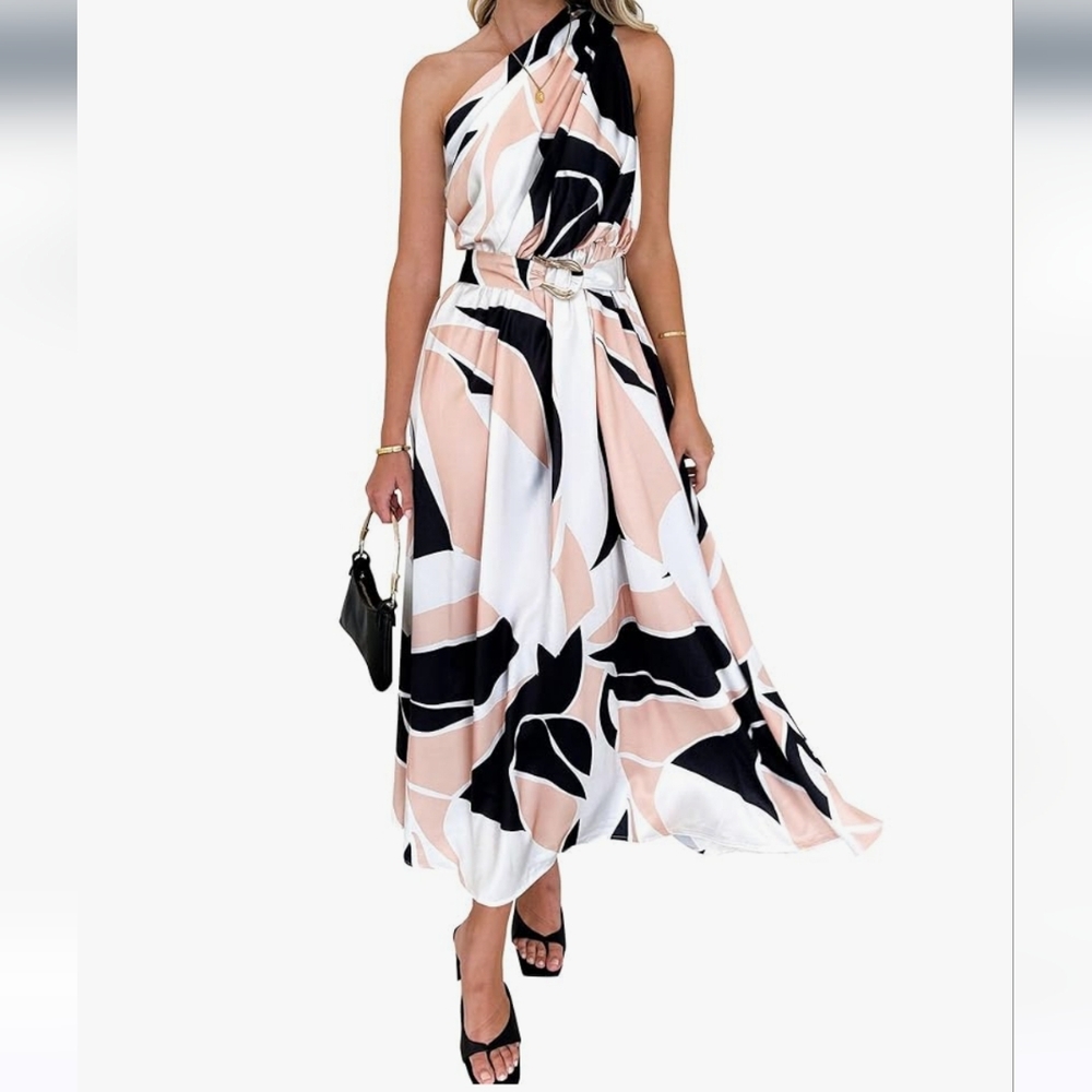 Chic Abstract Maxi Dress in Black, White, and Pink